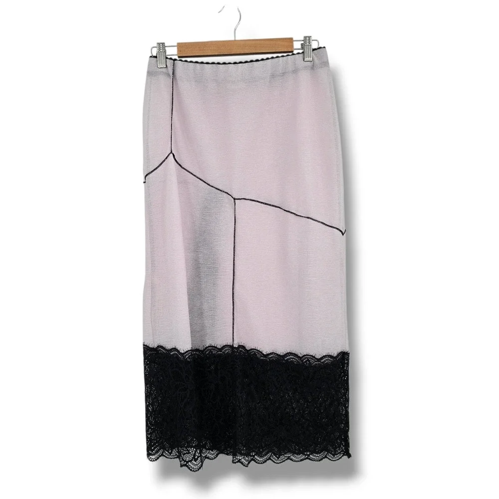 Free People Intimately Into You Pink Black Lace Trim Midi‎ Skirt Size Small